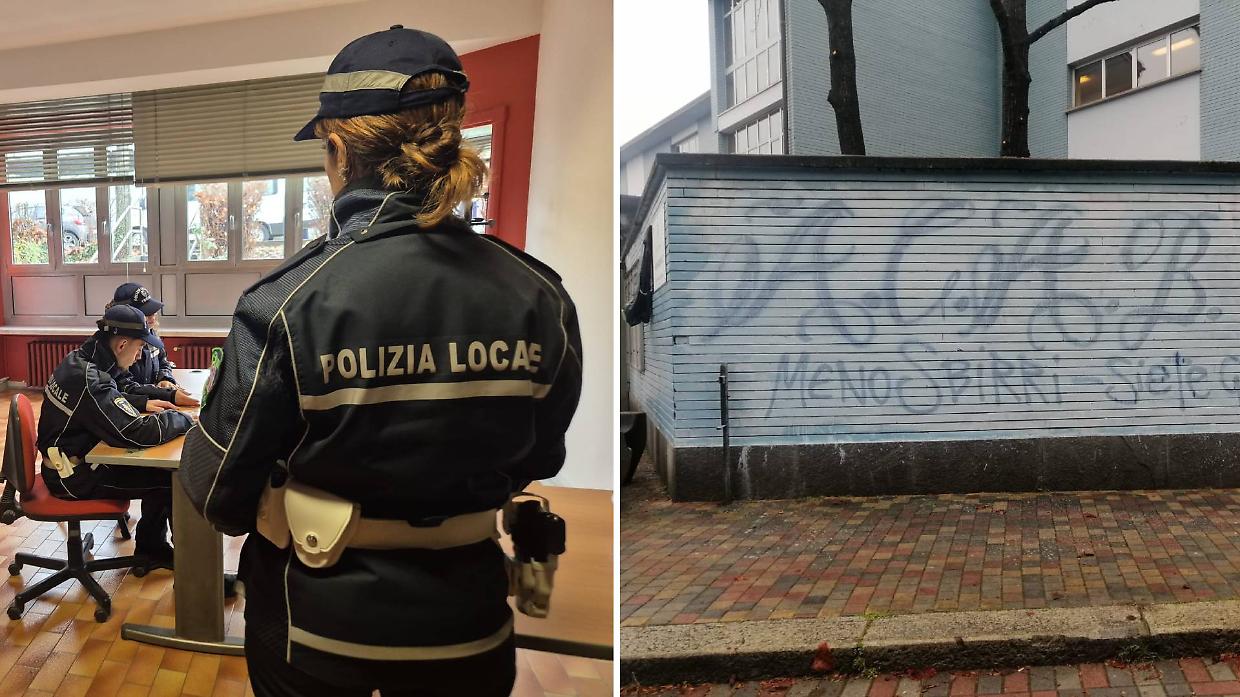 A sinistra, i vigili a Mirafiori Sud. A destra, le scritte con gli insulti