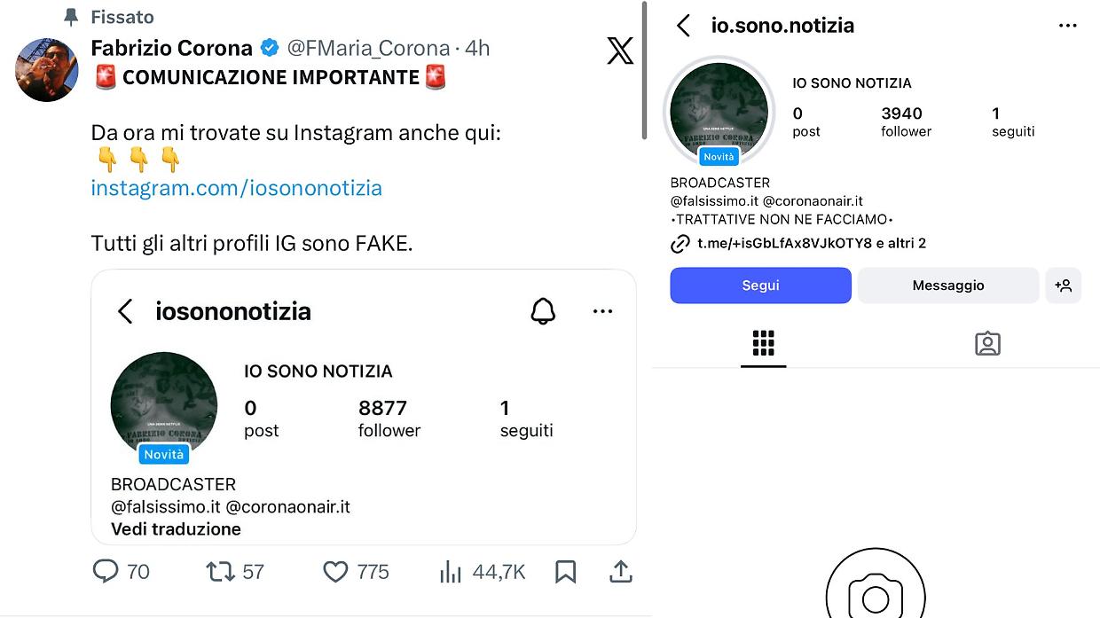 Fabrizio Corona torna su Instagram con il profilo &ldquo;Io sono Notizia&rdquo;