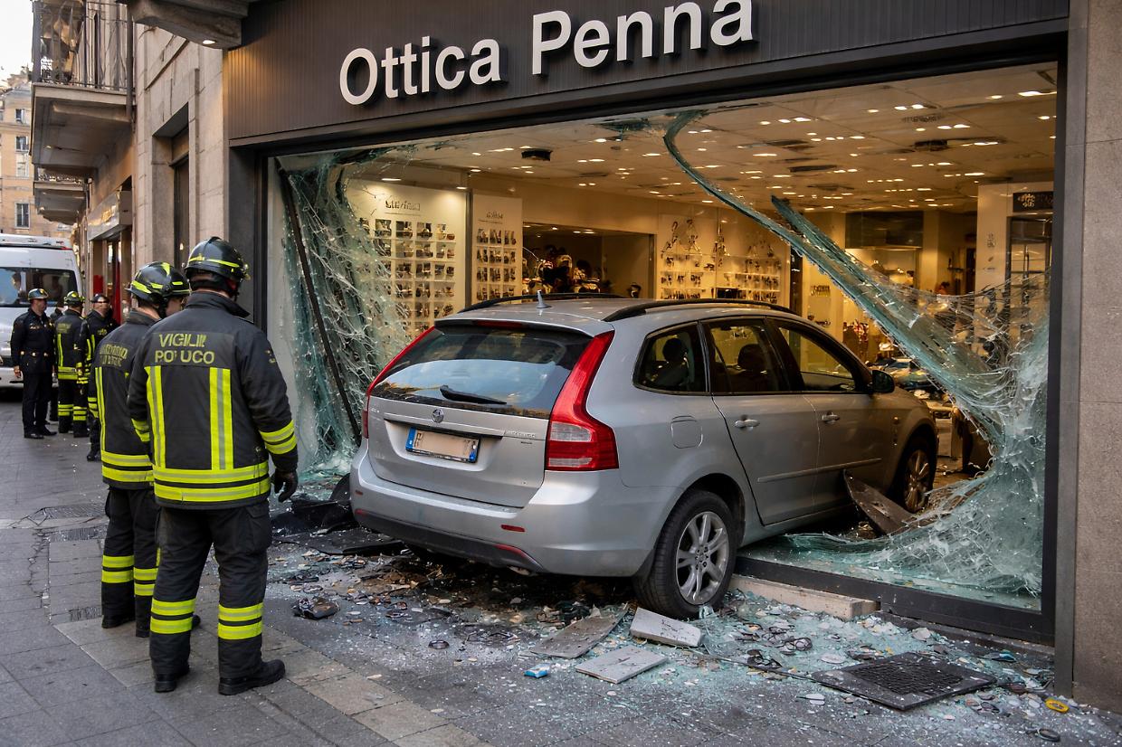 Alba, auto finisce dentro l&rsquo;Ottica Penna in piazza Ferrero