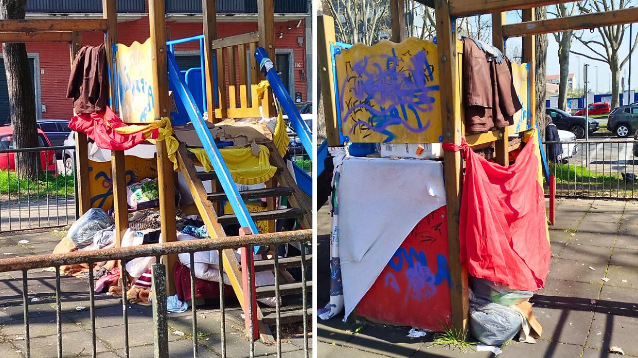 Il senzatetto trasforma un gioco dei bambini nella sua "casa"