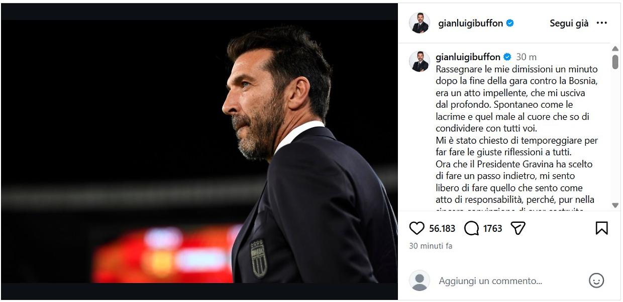 Il capo delegazione azzurra, Gigi Buffon, ha rassegnato le dimissioni