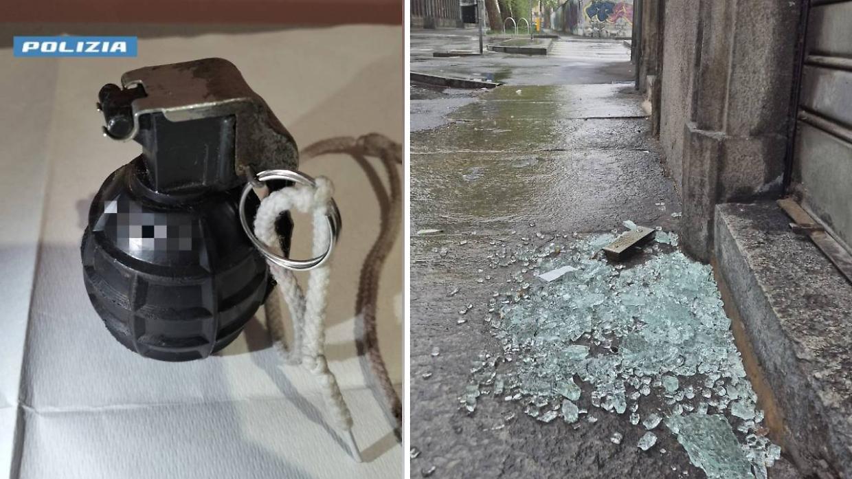 La bomba a mano e, a destra, i danni al locale