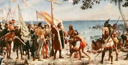 Cristoforo Colombo sbarca sulla spiaggia di San Salvador