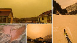Cielo giallo ocra e neve rossa: ecco le suggestive foto da Torino e dal Piemonte