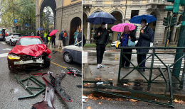 Tragedia sfiorata in corso Vittorio: l'Alfa Giulia sbanda per la pioggia e travolge tutto