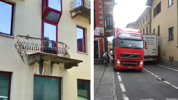 Un camion abbatte un balcone in centro. Il sindaco: «Qui già 4 morti, basta con i Tir in paese»