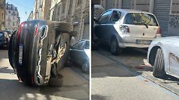 Noleggia un suv Mercedes, si ribalta e va a sbattere contro due auto parcheggiate