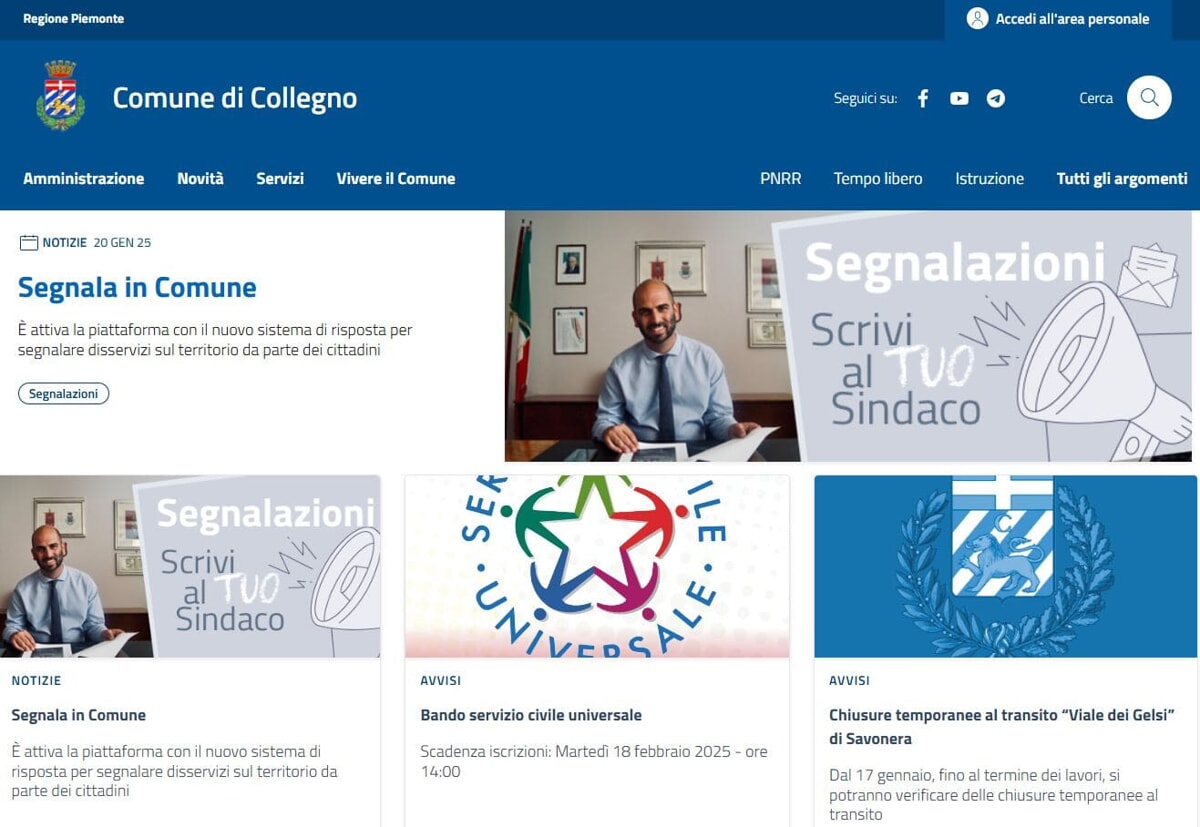 pagina principale del sito del comune di Collegno